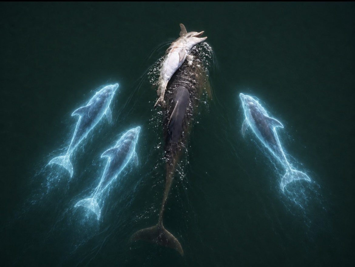 Fraggle carrying her calf while her pod of dolphins swims alongside her