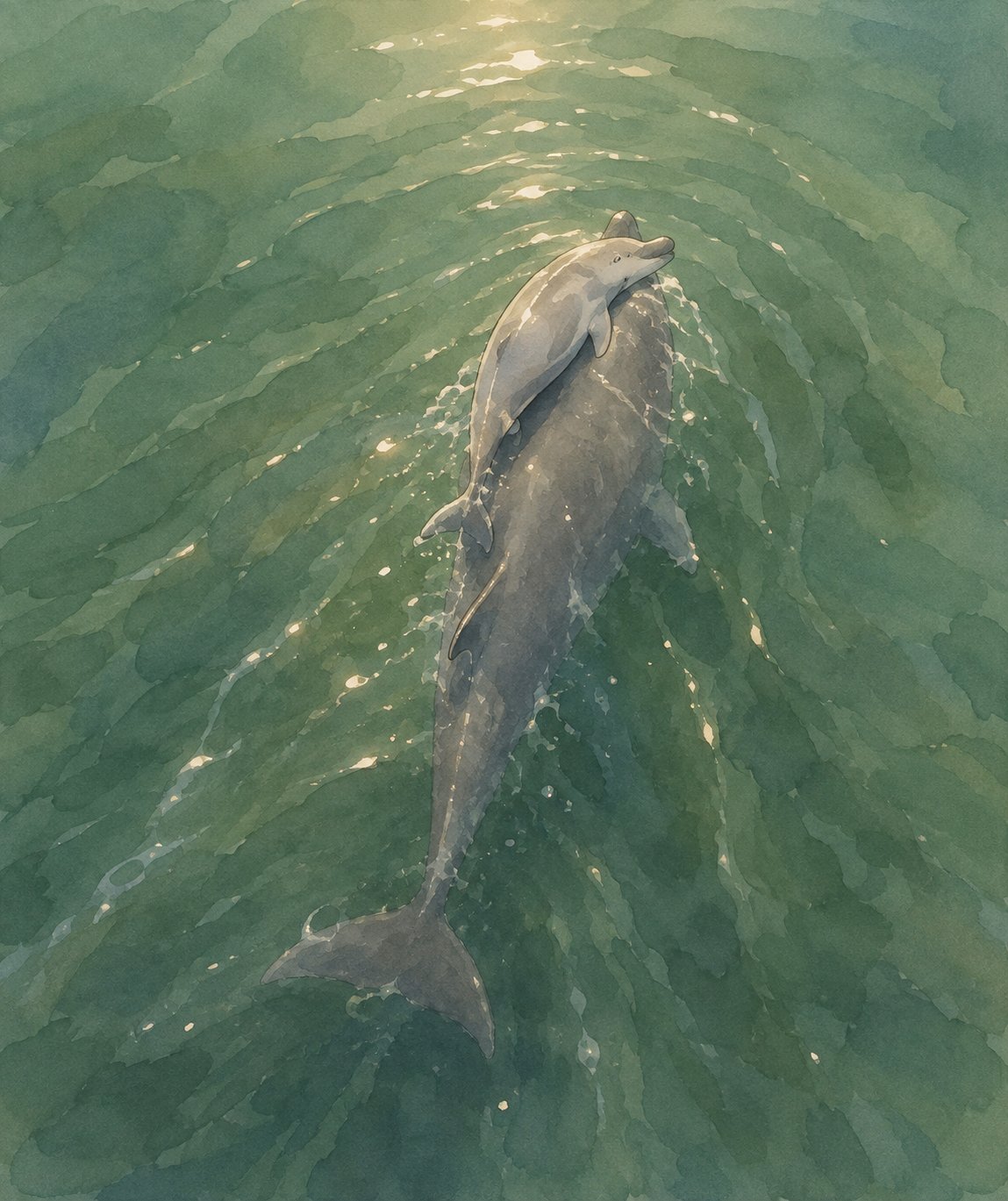 Watercolour illustration of a dolphin carrying her calf through green water
