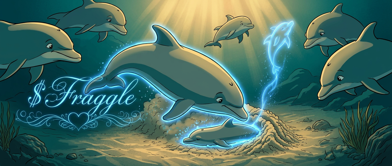 Cartoon illustration of Fraggle nudging her calf's glowing spirit upward while her pod watches from the dark
